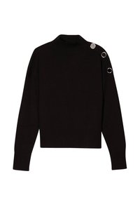 Pull en col roulé noir avec des poignets et un ourlet côtelés. Équipé de accents argentés en boutons sur l'épaule. Fabriqué en tissu doux et texturé.