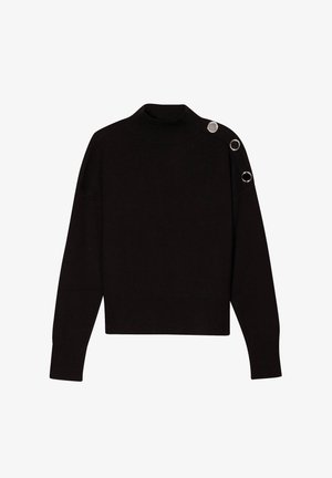 Schwarzer Rollkragenpullover mit gerippten Bündchen und Saum. Verfügt über silberne Knopfakzente an der Schulter. Hergestellt aus weichem, strukturiertem Stoff.