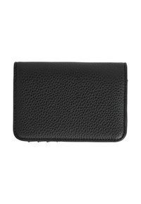 Billetera de cuero negro texturizado con cierre de broche, forma rectangular y detalles de costura visibles a lo largo de los bordes.