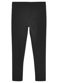 Leggings neri realizzati in un tessuto liscio e elastico, con un design aderente e una cintura elasticizzata, caratterizzati da un colore uni senza motivi.