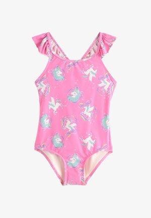 Růžové jednodílné plavky s volánkovými ramínky, zdobené motivem jednorožce a hvězdiček. Vyrobené z pružné, hladké látky s pevnou vnitřní podšívkou.