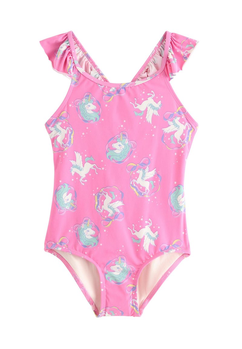 Pink badedragt med flæse-stropper, der har et enhjørningemønster og stjerner. Fremstillet i strækbar, glat stof med solid foring indvendigt.