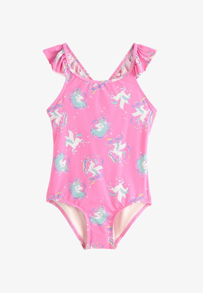 Różowy jednoczęściowy strój kąpielowy z falbankami na ramiączkach, ozdobiony wzorem jednorożca i gwiazdek. Wykonany z elastycznego, gładkiego materiału z jednolitą podszewką wewnętrzną.