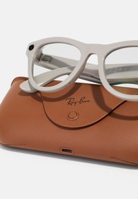 Ray-Ban briller i lys grå plast med klare linser, der hviler på en brun læderetui med tryklås og USB-C port.