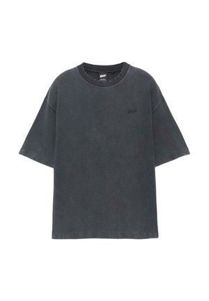 Übergroßes dunkelgraues T-Shirt mit kurzen Ärmeln, Rundhalsausschnitt und kleinem besticktem Logo auf der linken Brust.