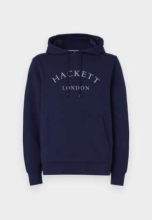Navy blue hooded sweatshirt with front pocket. Features "HACKETT" and "LONDON" printed in light gray. Made of soft fabric with ribbed cuffs.