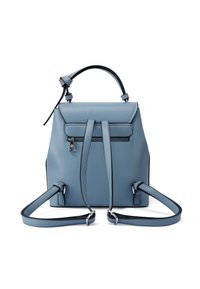 Zaino blu in ecopelle con manico superiore, spallacci regolabili, tasca frontale con zip e bordature nere a contrasto. Texture liscia, forma strutturata.
