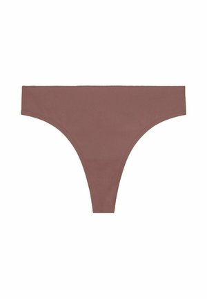 Perizoma marrone a coste con una texture liscia, caratterizzato da una vita bassa e una copertura minima sul retro.