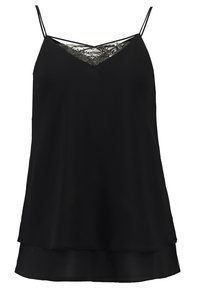 Top in raso nero con spalline regolabili, scollatura a V e dettagli in pizzo sul busto. Tessuto morbido e liscio con un design a strati.