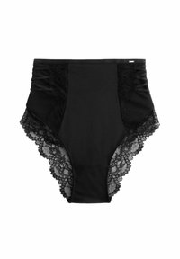 Hoge taille zwarte onderbroek met kantafwerking, voorzien van doorzichtige zijpanelen en geplooide details aan de zijkanten. Zacht materiaal, naadloos ontwerp.