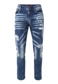 Blaue Jeans aus Denim mit einem distressierten Finish, das leichte Verblassungen, abgerissene Details, fünf Taschen und einen Knopfverschluss aufweist.