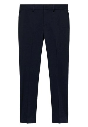 Navy trousers made of smooth fabric, featuring a straight-leg design, two side pockets, and subtle seam detailing.
