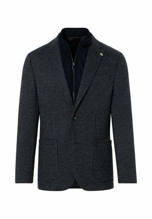 Marineblauwe houndstooth blazer met een rits binnenlaag en gekartelde kraag. Beschikt over twee voorzakken en een knoopsluiting. Getextureerde stof.