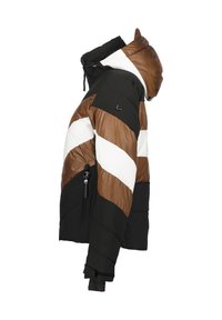 Gepolsterte Jacke mit braunen, schwarzen und weißen diagonalen Streifen. Sie verfügt über eine Kapuze und eine seitliche Tasche mit Reißverschluss. Glatte Textur und elegantes Design.