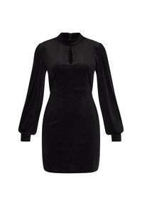 Czarna sukienka z długim rękawem o wysokim dekolcie, z detalem w kształcie klucza, wykonana z teksturowanej tkaniny z subtelnymi metalicznymi akcentami i dopasowanym krojem.