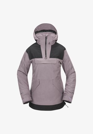 Veste pull en lavande mate avec un panneau supérieur noir, une fermeture éclair moitié devant et une grande poche avant ; se caractérise par des poignets ajustables et des détails d'ourlet.