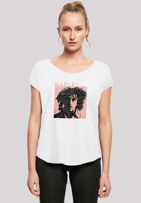 White short-sleeve t-shirt with a scoop neck featuring a pink graphic of a person’s face and "MARLEY" text above it. Soft fabric texture.