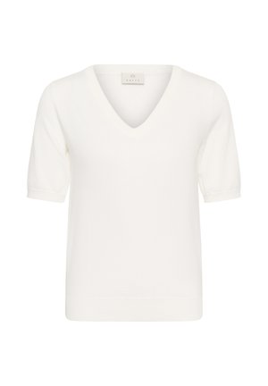 Balts īsroku trikotāžas tops ar V veida izgriezumu un ribotām aprocēm, attēlots uz vienkārša fona.