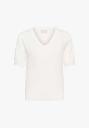 Haut en maille blanche à manches courtes avec col en V et poignets côtelés, présenté sur un fond uni.