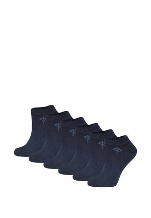 Set aus sechs Paar navyblauer Knöchelsocken aus Baumwollmischung, mit einem gerippten Bund und einem kleinen Logo in Himmelblau an der Seite.