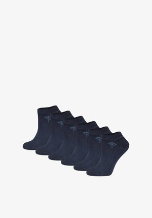 Set aus sechs Paar navyblauer Knöchelsocken aus Baumwollmischung, mit einem gerippten Bund und einem kleinen Logo in Himmelblau an der Seite.