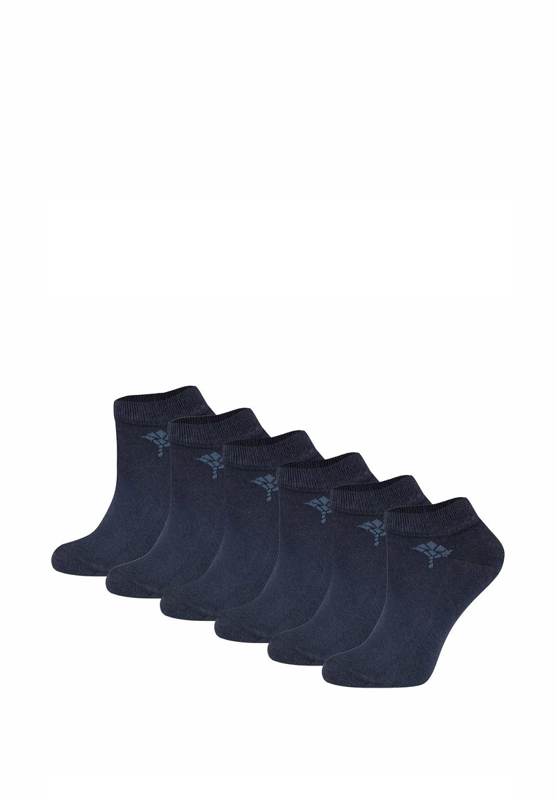 Set di sei paia di calzini alla caviglia blu navy realizzati in tessuto misto cotone, con un bordo a coste e un piccolo logo azzurro su un lato.