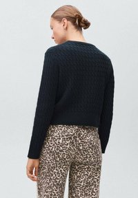 Pleteni črn pulover z diamanti, dolgi rokavi in skrajšanim robom, v kombinaciji z hlačami z leopardjim vzorcem in zadnjimi žepi.