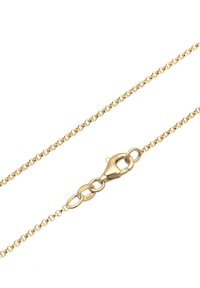 Guld halskæde med små ovale led og en lobster clasp. Kæden har en glat overflade med en skinnende finish.