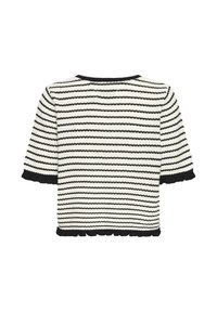 Haut tricoté à manches courtes à rayures horizontales noires et blanches avec des bords volantés noirs aux manches, à l'ourlet et au col.