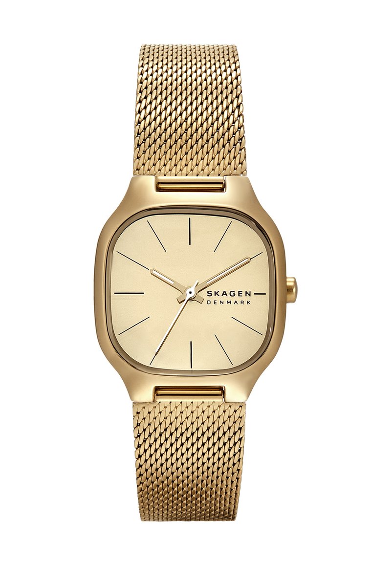 Gold mesh wristwatch with a square case, light gold face, slim hour markers, and a minimalist design. Brand name "SKAGEN" featured.