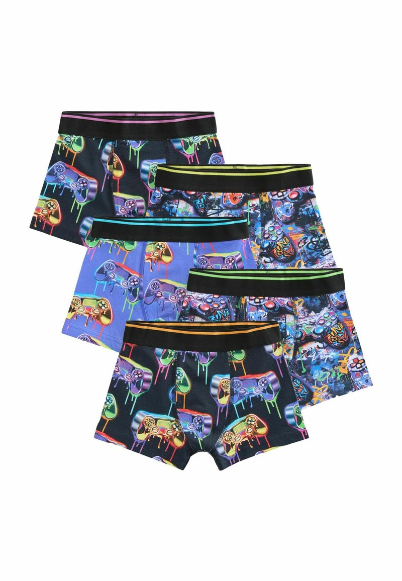 Fünf Paare Boxershorts mit Grafiken von Videospielcontrollern, in verschiedenen Farben und schwarzen elastischen Bündchen mit kontrastierenden Verzierungen.