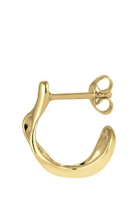 Goldfarbene Metall-Hoops mit einem geschwungenen, fließenden Design. Verfügt über einen Steckverschluss und eine glatte, reflektierende Oberfläche.