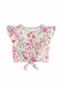 Top corto floreale in tessuto leggero. Presenta motivi di fiori rosa e viola, maniche volantu, davanti con bottoni e un orlo legato in vita.
