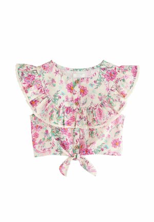 Blumen-Crop-Top aus leichtem Material. Mit rosa und lila Blumenmustern, Rüschensäumen, einer Knopfleiste vorne und einem gebundenen Saum an der Taille.