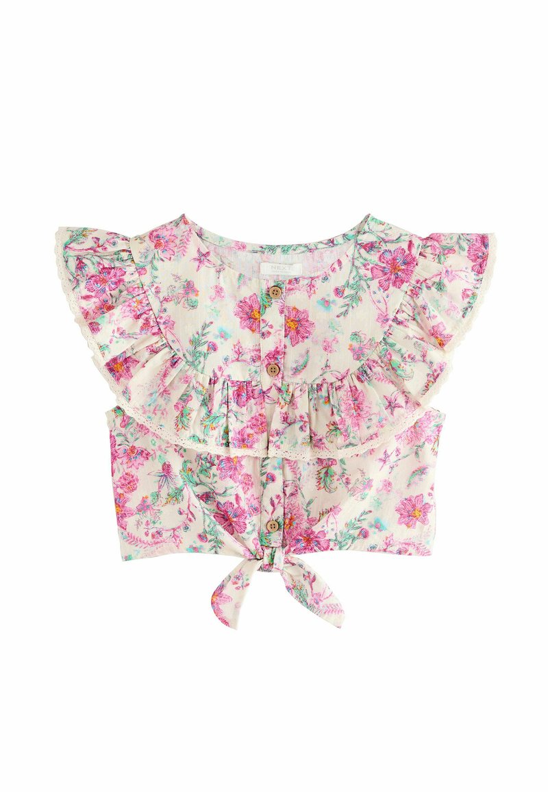Top corto floreale in tessuto leggero. Presenta motivi di fiori rosa e viola, maniche volantu, davanti con bottoni e un orlo legato in vita.