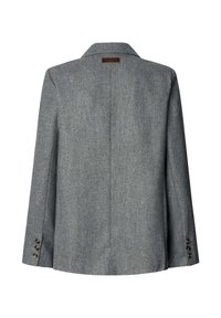 Blazer en tissu chevron gris vu de dos avec col cranté et trois boutons sur chaque manchette.