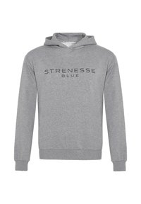 Hall halliga kapuutsiga läbimõõduga esmakotiga, millel on musta värvi "STRENESSE BLUE" logo. Valmistatud pehmest kangast, sellel on paelaga kapuuts ja soonilised varrukasäärised.