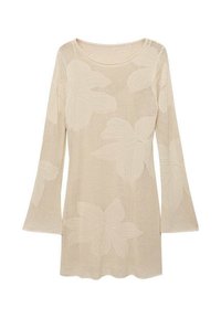 Beige stickad tröja med långa ärmar och rundad halsringning, med stora bladmönster och en nätliknande textur. Förstärkt med utsvängda ärmar.