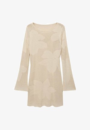 Beige strikket sweater med lange ærmer og en rund halsudskæring, dekoreret med store bladmønstre og en mesh-struktur. Fremhævet af klokkeærmer.