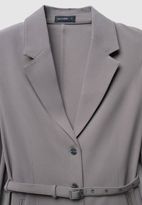 Gray tailored blazer made from smooth fabric, featuring a notched lapel, two buttons, and a matching belt with a rectangular buckle.