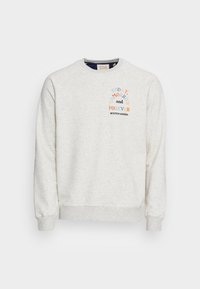 Lichtgrijze sweatshirt met meerkleurige tekst "Vandaag, Morgen en Voor Altijd" en merknaam "Scotch & Soda" op de linkerbovenborst.
