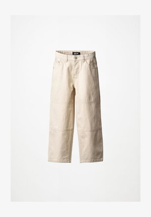 Bež široke hlače z gumbom in zadrgo spredaj, z zankami za pas, sprednjimi žepi in všitimi paneli na kolenih.