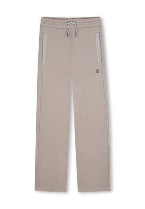 Pantalon beige à jambes droites avec ceinture élastique et cordon, poches latérales zippées avec bordure réfléchissante et petit logo sur la cuisse droite.