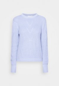 Suéter de punto azul claro con cuello redondo, mangas largas y un patrón texturizado que presenta detalles de puntada abierta y puños acanalados.