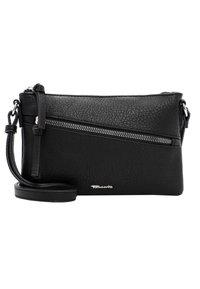 Černá kožená kabelka přes rameno s texturovaným povrchem, přední zipová kapsa, nastavitelný popruh a stříbrné detaily. Kompaktní a obdélníkový tvar.