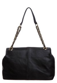 Black leather handbag with a smooth texture, a structured shape, and a chain strap. Features a seamless closure and minimalistic design.