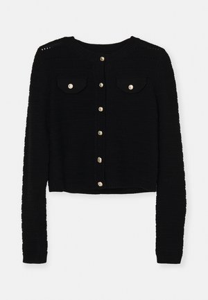 Cardigan noir en tricot avec des manches longues, un col rond, un devant à boutons, deux poches poitrine avec des boutons dorés et un ourlet côtelé.