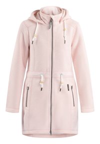 Veste longue à capuche rose clair avec fermeture éclair à l'avant, deux poches zippées et cordons ajustables avec perles en bois à la taille et à la capuche.