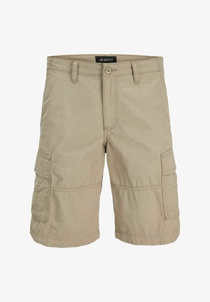 Khaki cargo shorts with a waistband and button closure, featuring two side pockets and additional cargo pockets on the thighs.