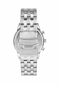 Orologio in acciaio inox argentato con bracciale a maglia metallica e quadrante rotondo. Le caratteristiche includono una fibbia pieghevole e tre piccoli pulsanti sul lato.